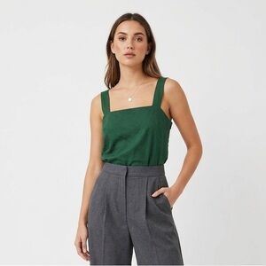 J.Crew Forest Green Linen Square Neck Tank Cami Top Side Zip Size Medium